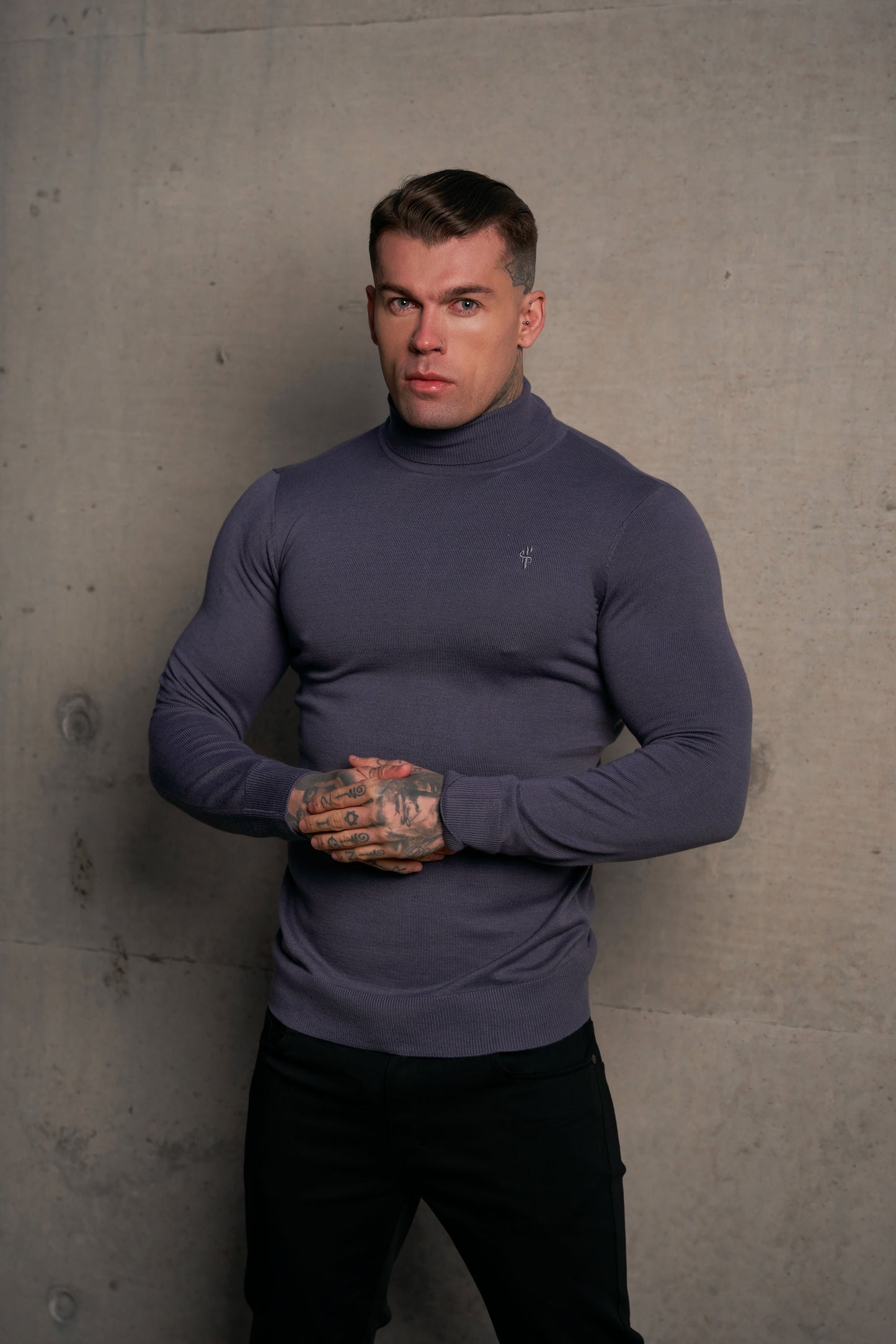 Elevate Your Style: Father Sons Classic Gunmetal Roll Neck Knit Sweater with Subtle Emblem - FSN137