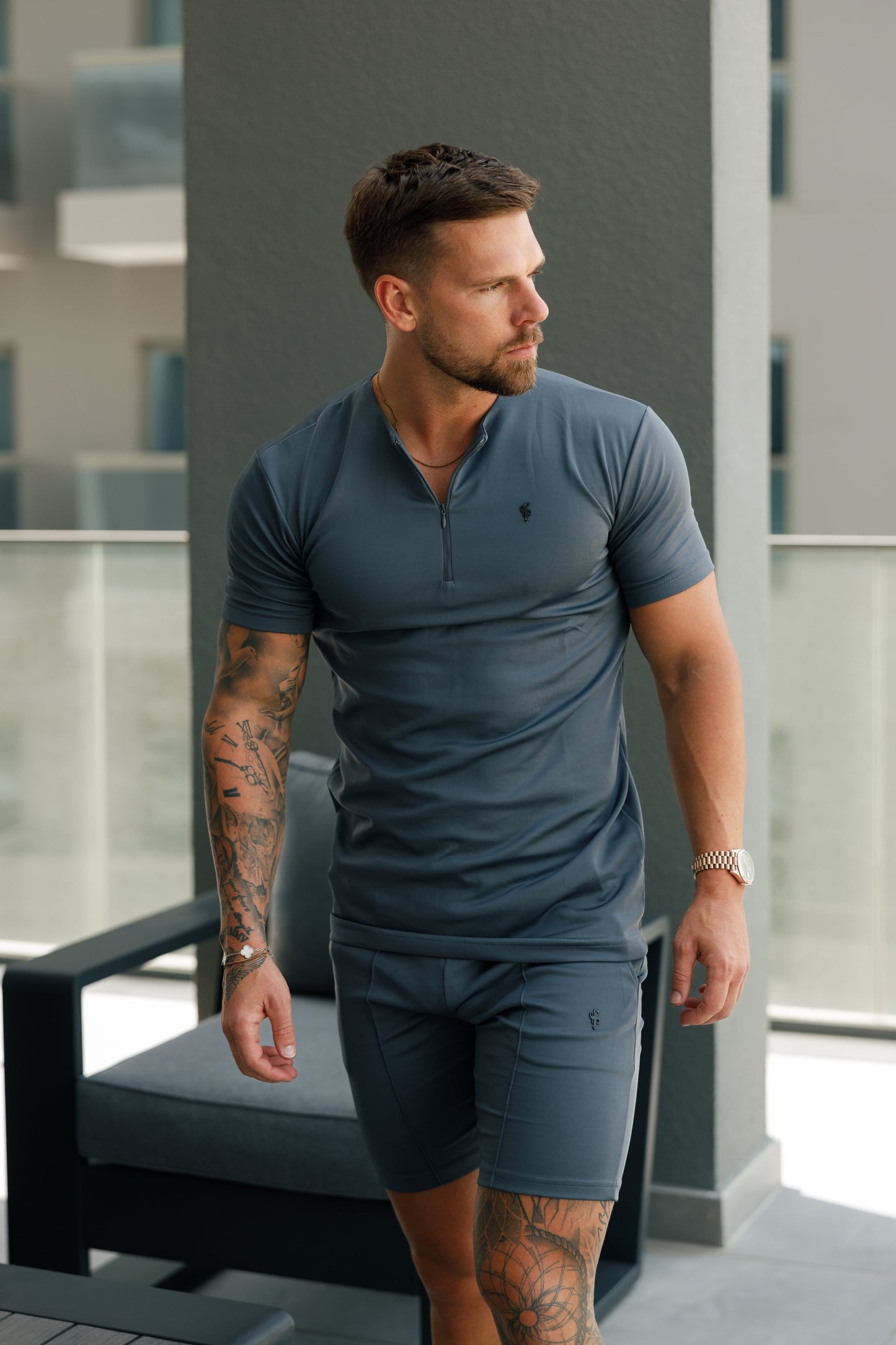 Stylish Charcoal Black Crew T-Shirt with Zip Detail for Men - Father Sons FSH1109