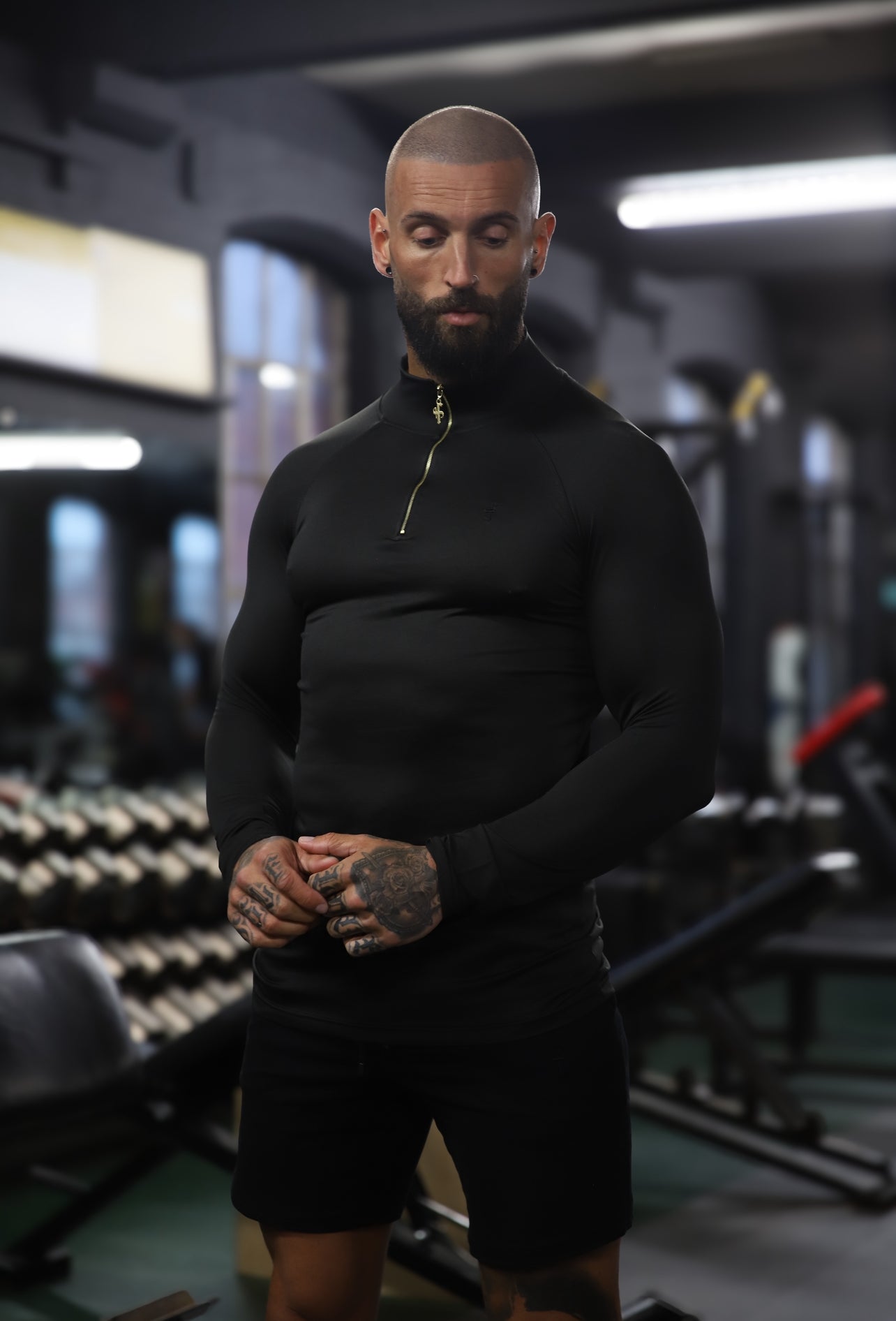 Elevate Your Workout with the Father Sons Solid Black and Gold Half Zip Long Sleeve Gym Top - FSH887