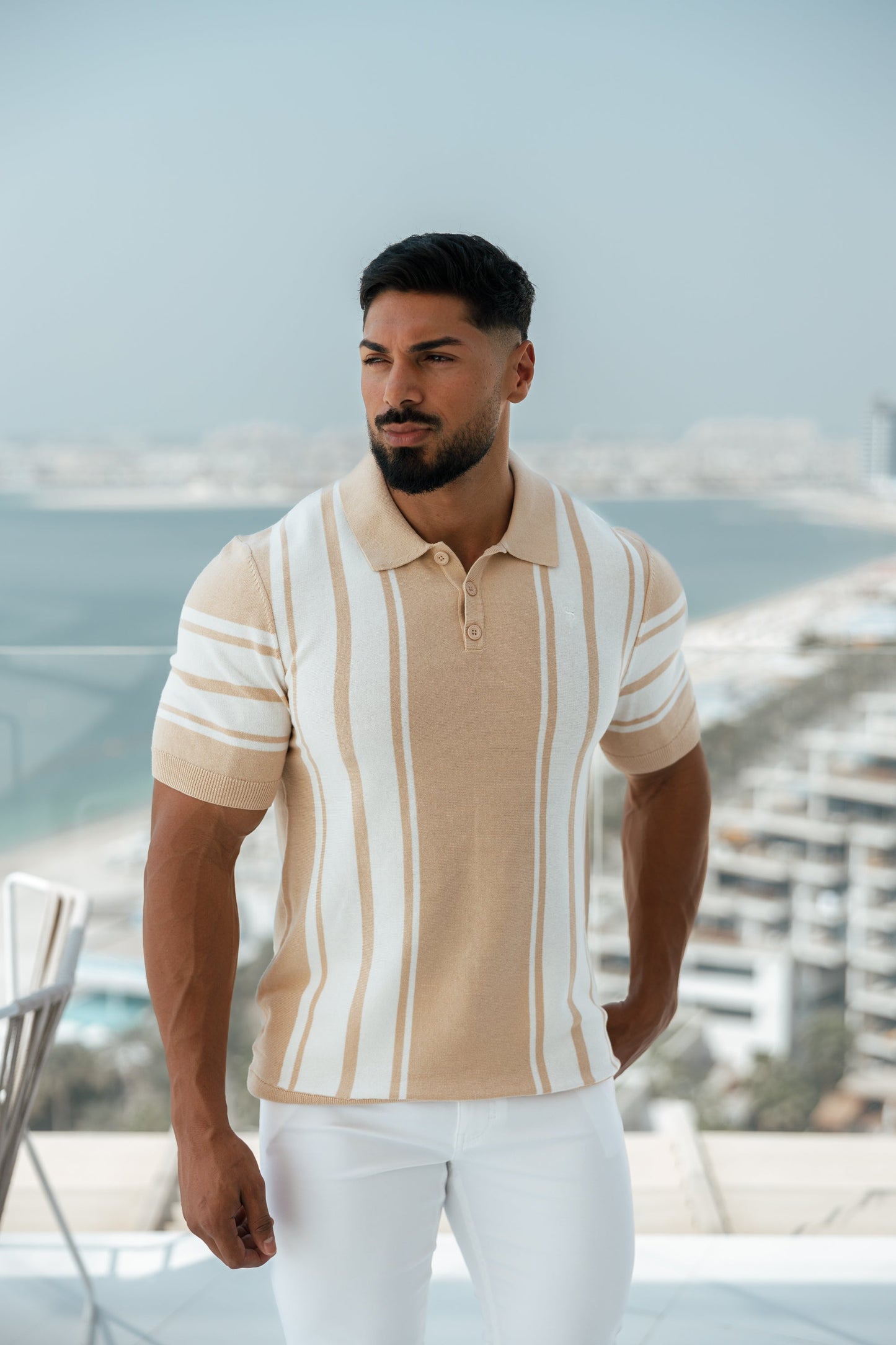 Elevate Your Wardrobe with the Father Sons Chic Beige & Off-White Vertical Stripe Knitted Polo - Short Sleeve Style!