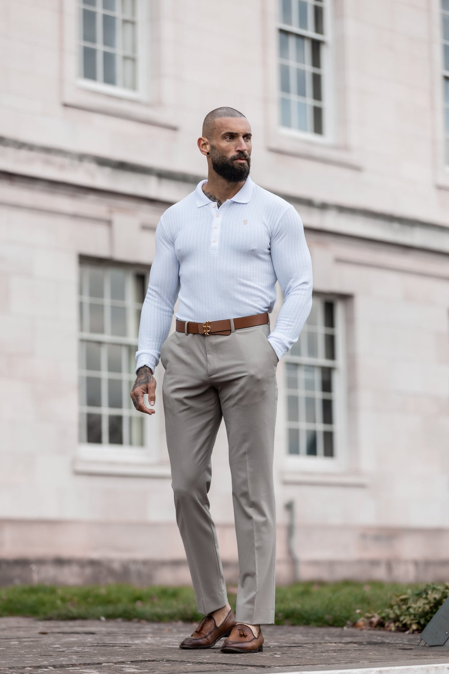 Elevate Your Style with the Father Sons Long Sleeve White Ribbed Polo Shirt Featuring a Stunning Gold Decal - FSH975