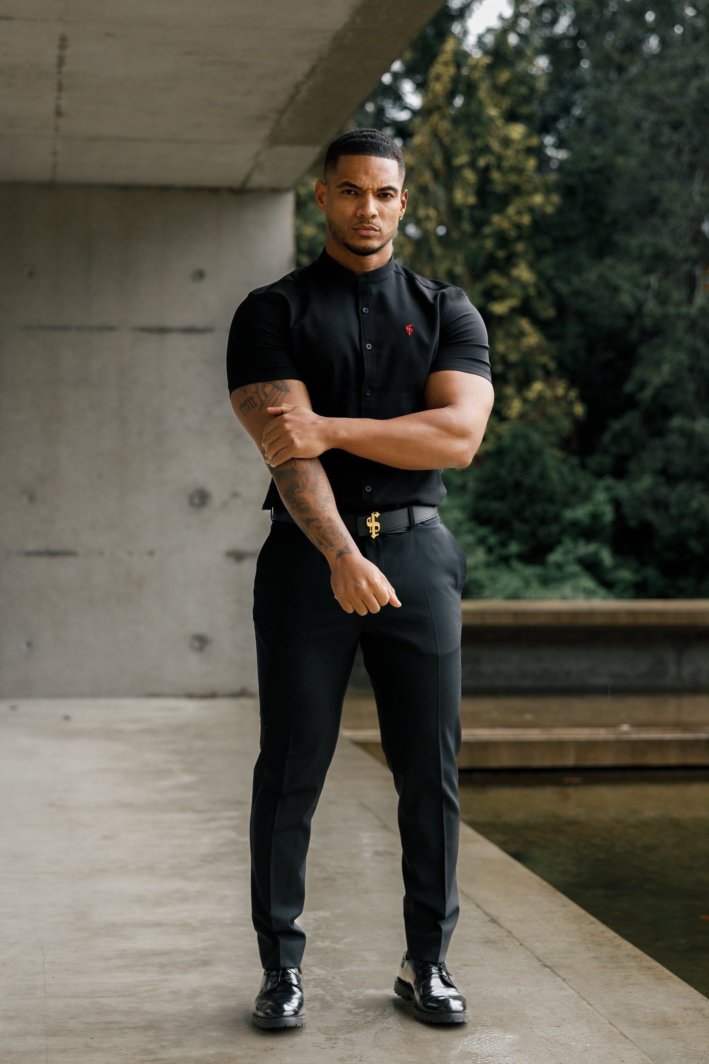 Elevate Your Style with Father Sons Super Slim Fit Black Scuba Short Sleeve Stretch Shirt Featuring a Trendy Grandad Collar - FS930