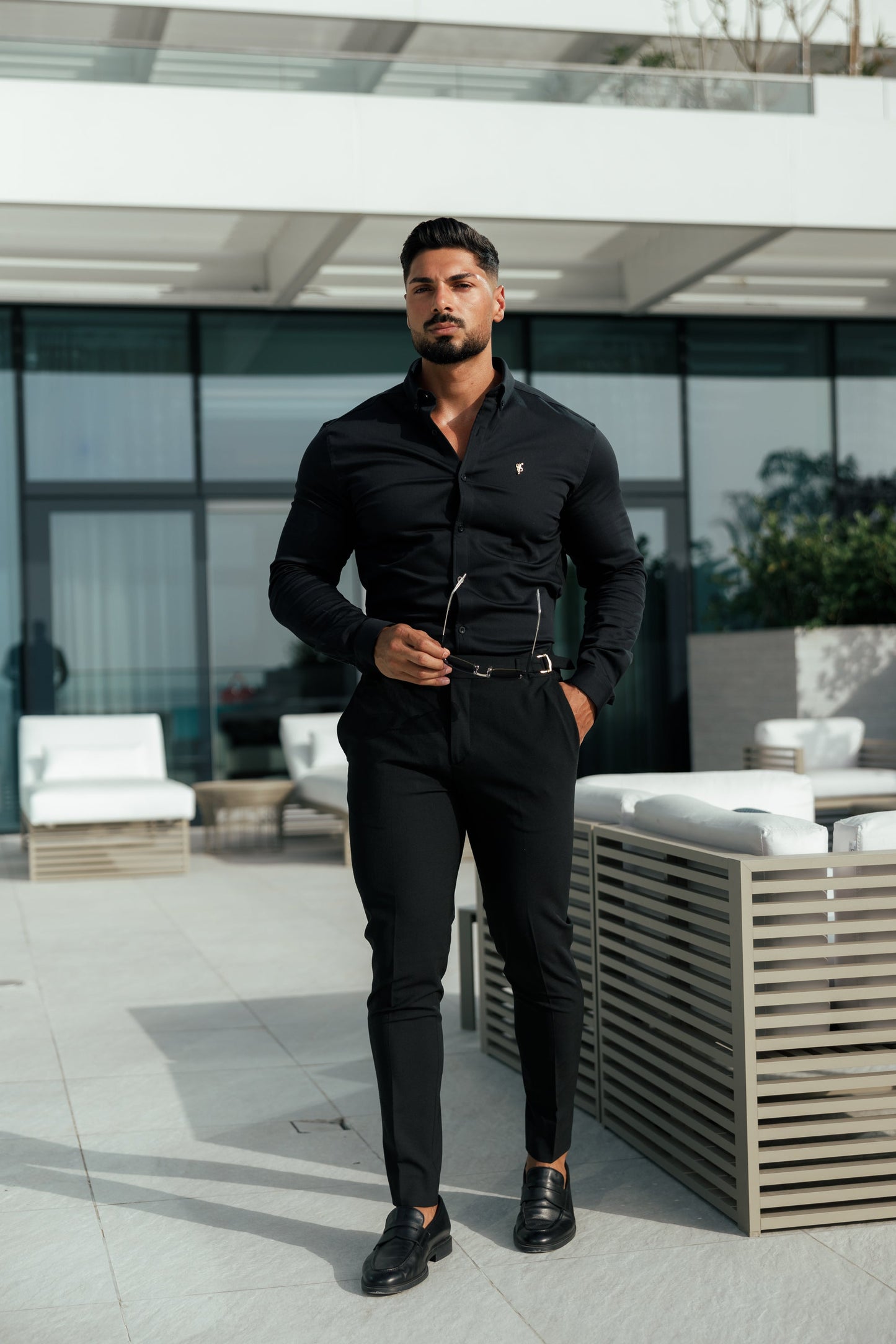 Elevate Your Style with Father Sons Slim Fit Black Stretch Trousers Featuring Luxurious Gold Waist Adjusters - FST018 (Available for Pre-Order Starting September 19th)