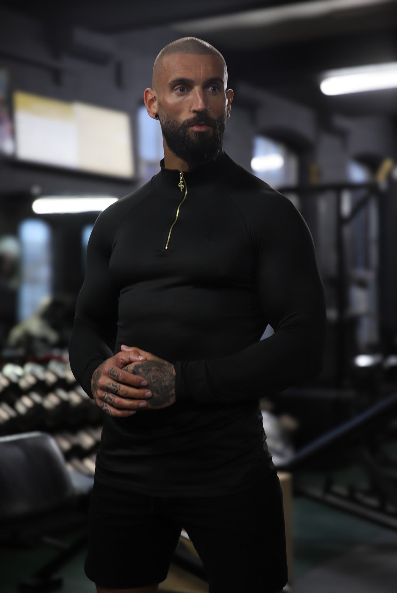 Elevate Your Workout with the Father Sons Solid Black and Gold Half Zip Long Sleeve Gym Top - FSH887