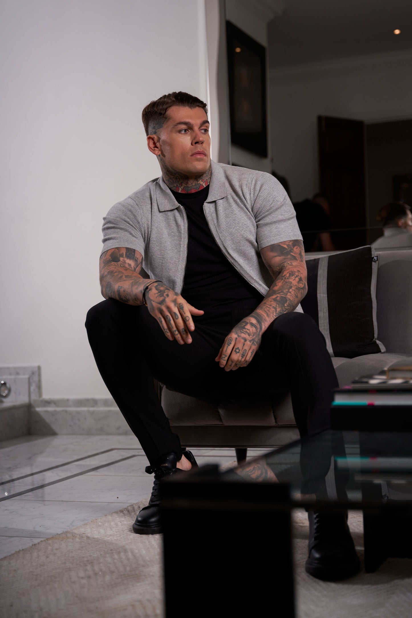 Elevate Your Wardrobe: Father Sons Light Grey Short Sleeve Knit Zip-Up with Chic Textured Design - FSN154