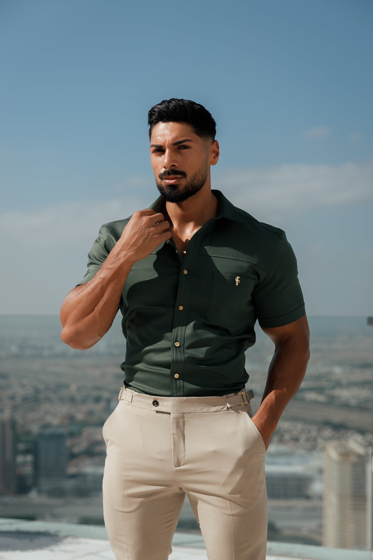Elevate Your Style: Father Sons Super Slim Stretch Khaki Denim Short Sleeve Shirt with Trendy Horizontal Seam and Pocket - FS958