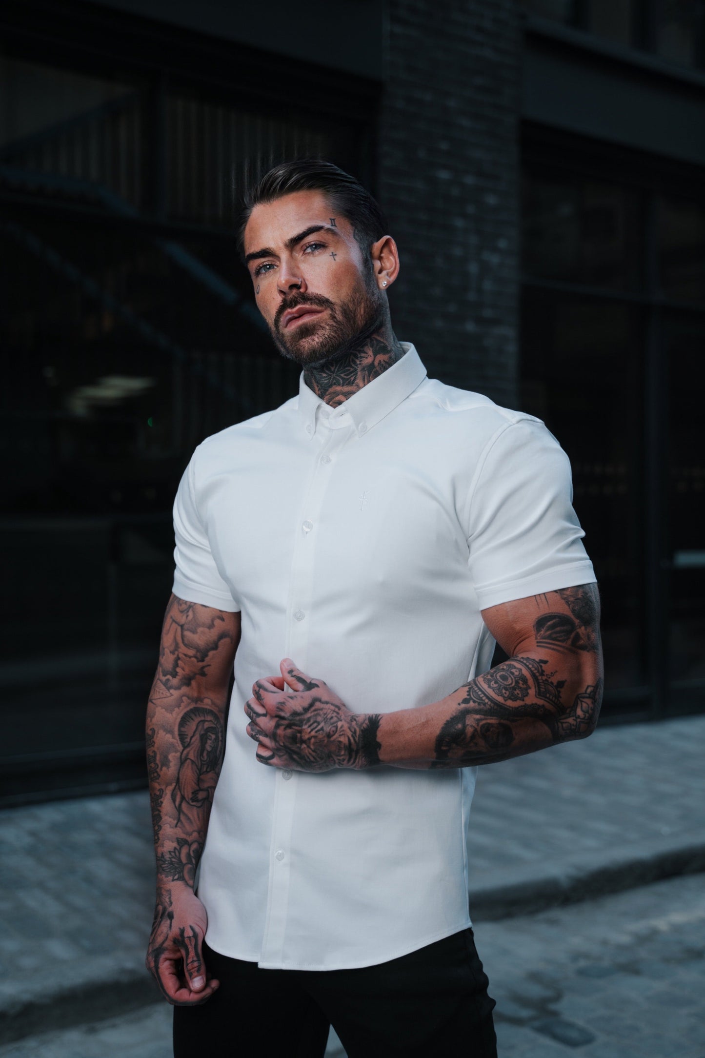 Elevate Your Style with Father Sons Super Slim Fit Stretch White Denim Short Sleeve Shirt - FS598