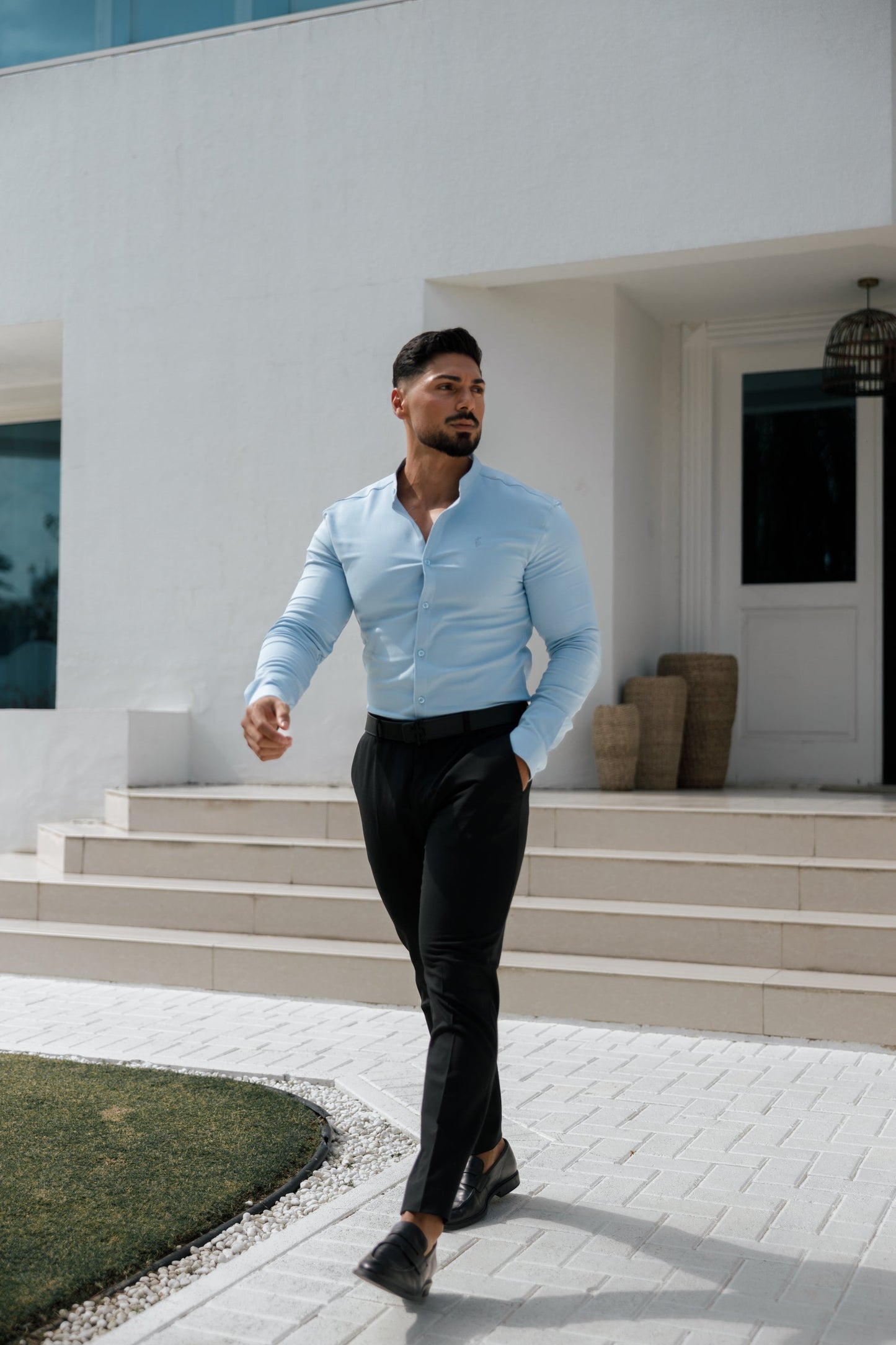 Elevate Your Style with Father Sons Super Slim Light Blue Scuba Stretch Long Sleeve Shirt featuring a Trendy Grandad Collar - FS1002