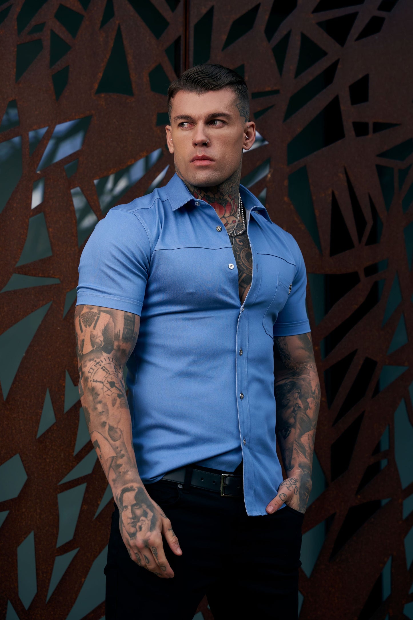 Elevate Your Style with Father Sons Super Slim Stretch Light Blue Denim Short Sleeve Shirt Featuring Horizontal Seam and Pocket - FS957