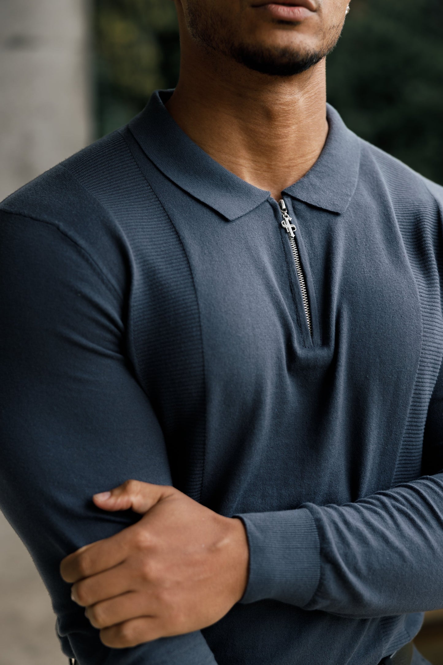 Elevate Your Wardrobe with the Father Sons Gunmetal & Silver Long Sleeve Knitted Polo Shirt - FSN128
