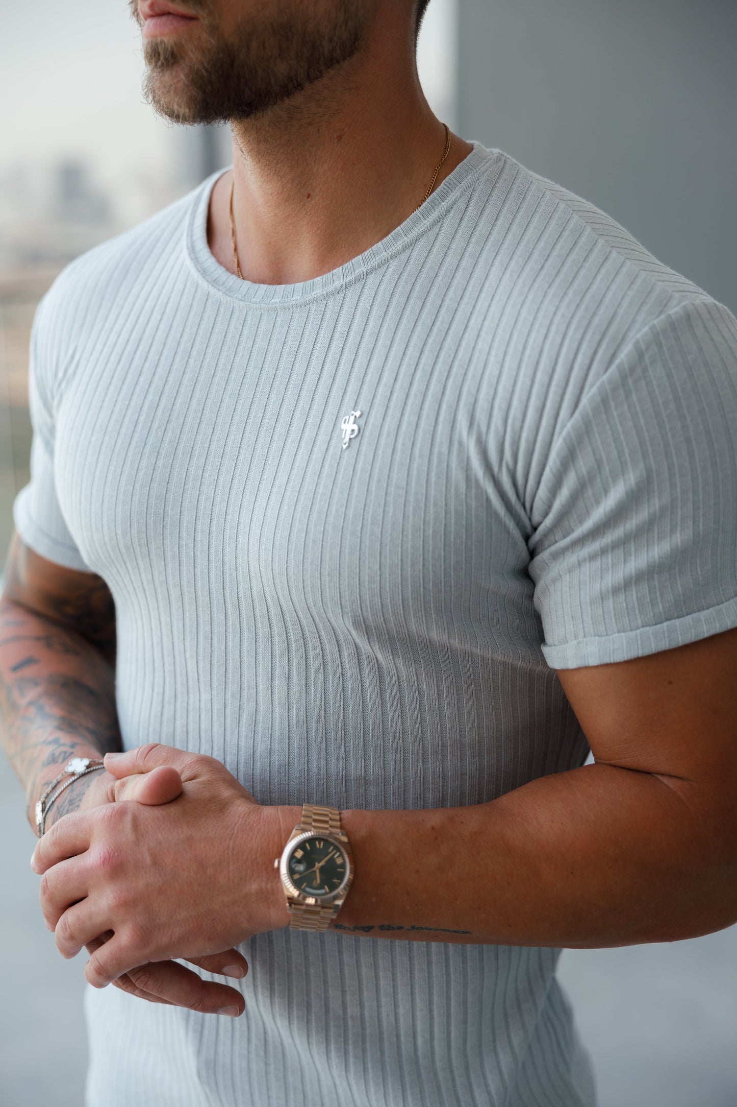 Elevate Your Wardrobe with the Father Sons Light Grey Ribbed Knit Super Slim Short Sleeve Crew - FSH1085