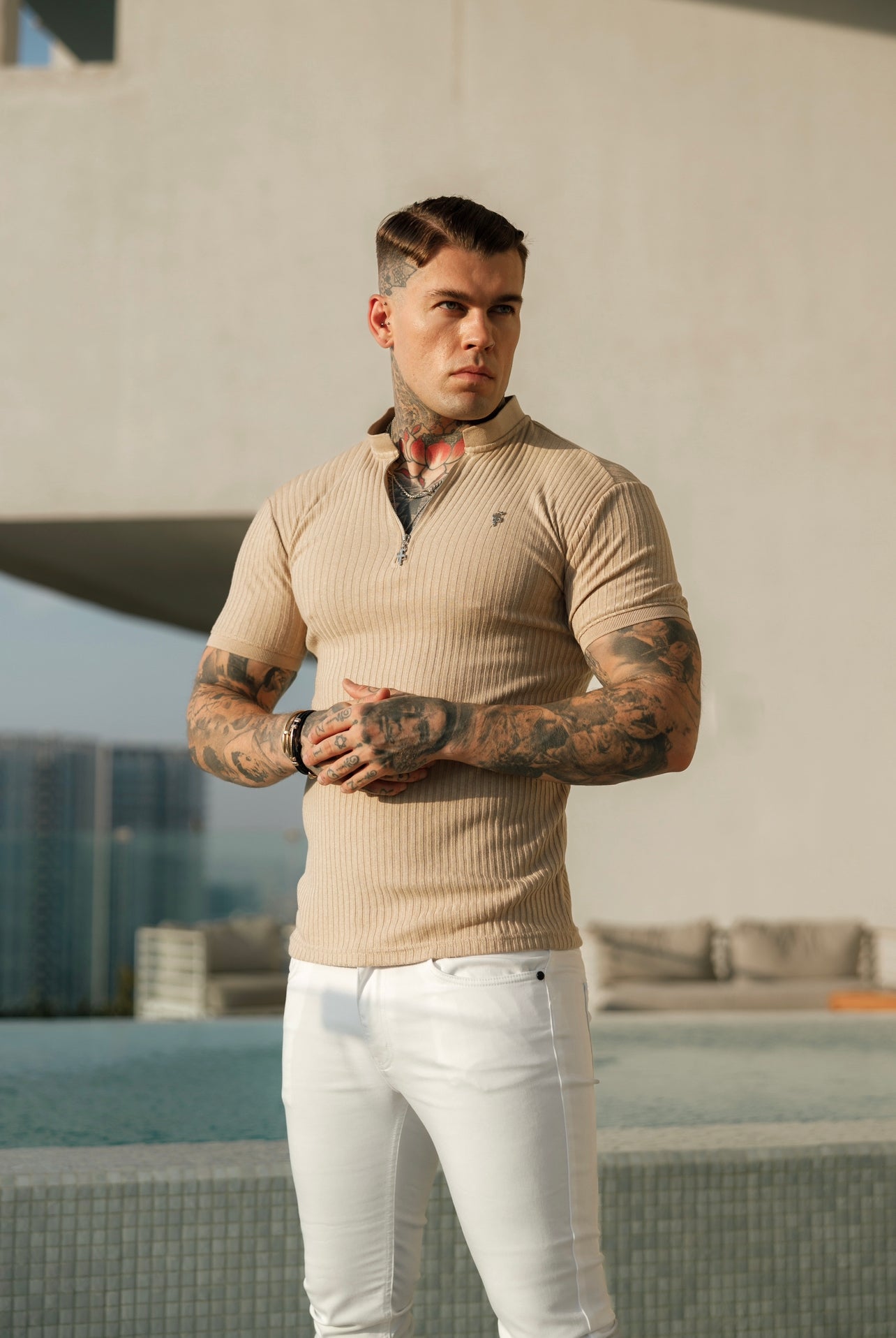 Elevate Your Wardrobe with the Father Sons Classic Beige Ribbed Silver Zip Grandad Collar Short Sleeve Shirt - FSH916