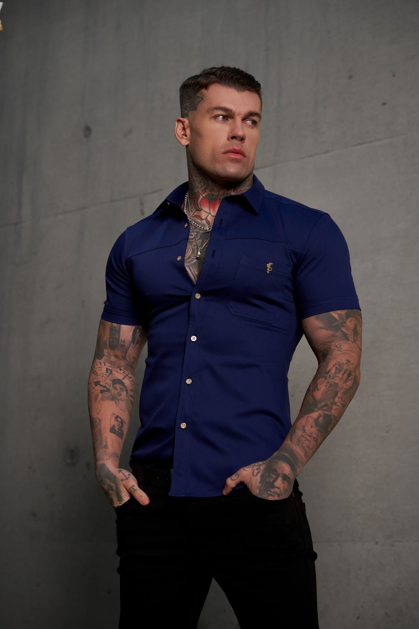 Father Sons Ultra-Sleek Navy Denim Short Sleeve Shirt with Stylish Horizontal Seam and Pocket - FS959