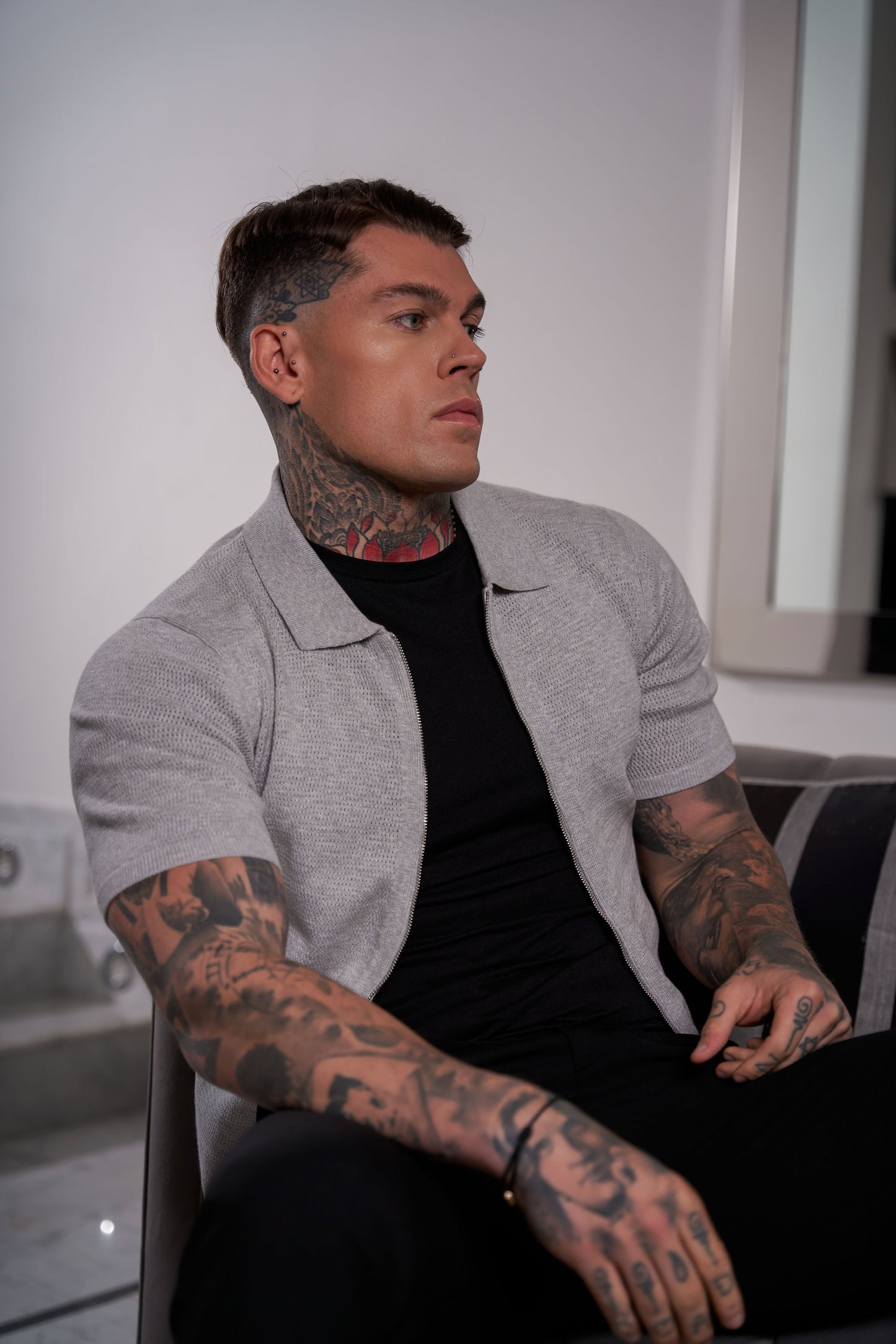 Elevate Your Wardrobe: Father Sons Light Grey Short Sleeve Knit Zip-Up with Chic Textured Design - FSN154