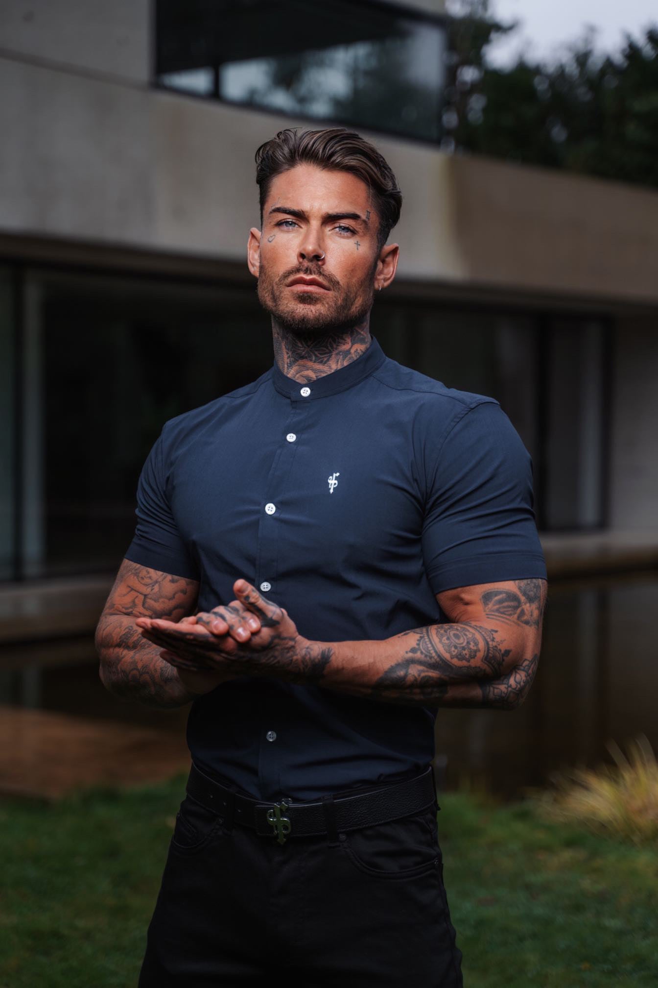 Elevate Your Style: Father Sons Super Slim Stretch Classic Navy Grandad Collar Short Sleeve Shirt - FS920