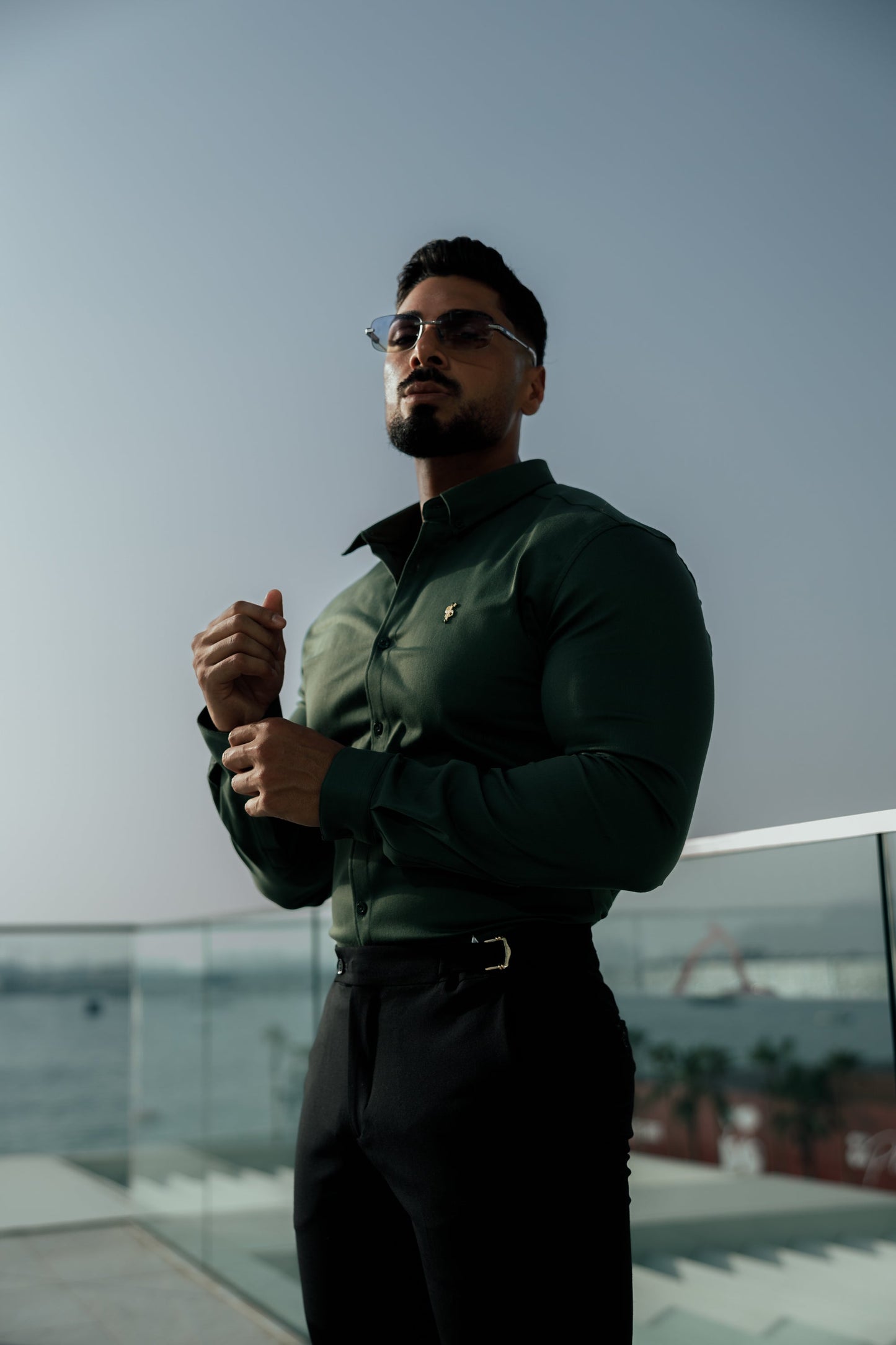 Elevate Your Style with Father Sons Super Slim Stretch Khaki Denim Long Sleeve Shirt Featuring Gold Metal Accent and Button Down Collar - FS1044