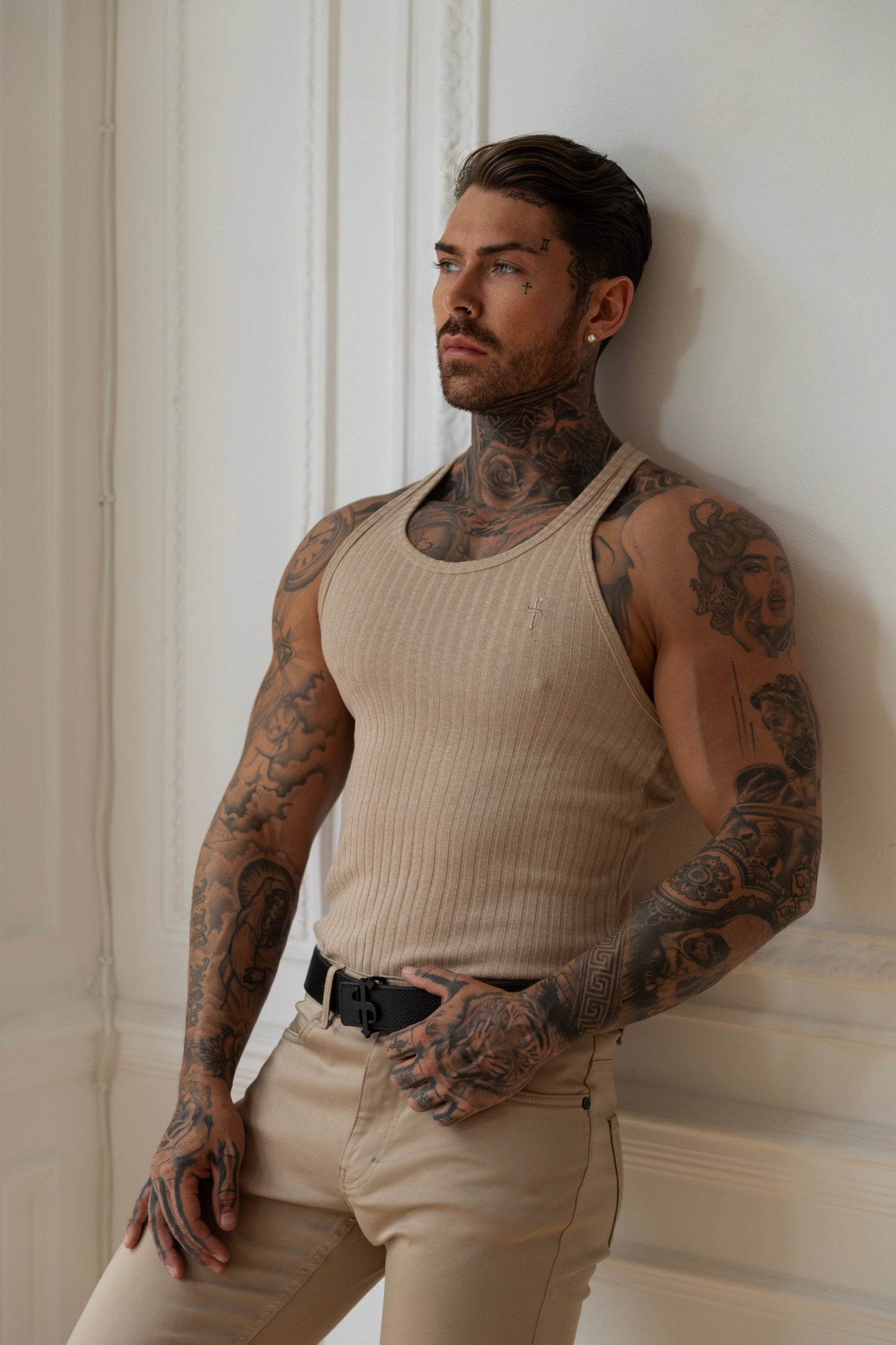Elevate Your Style with the Father Sons Classic Beige Ribbed Knit Super Slim Fit Vest - FSH414
