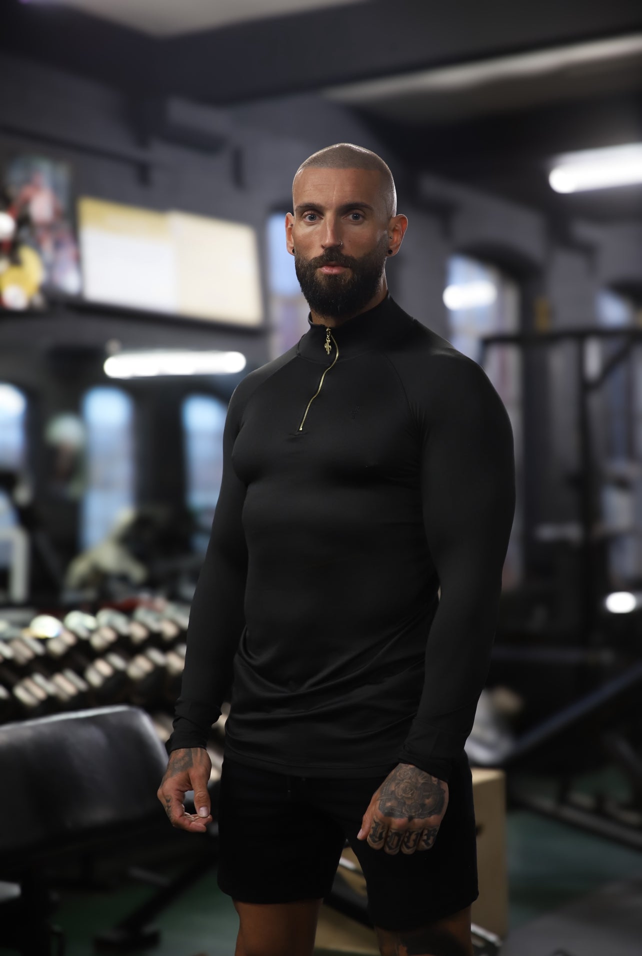 Elevate Your Workout with the Father Sons Solid Black and Gold Half Zip Long Sleeve Gym Top - FSH887