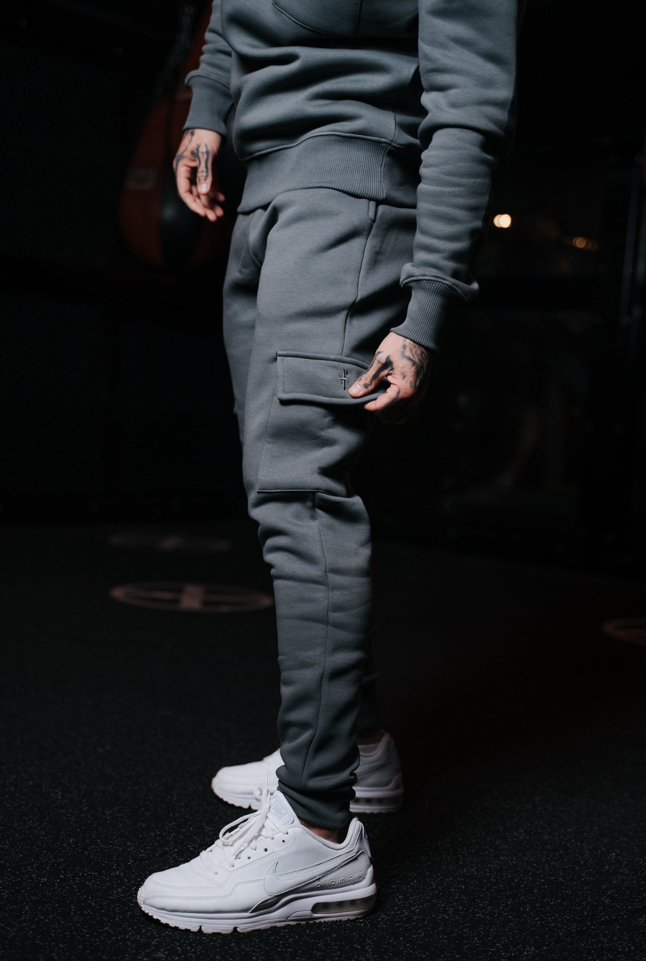 Elevate Your Style with Father Sons Dark Grey Cargo Tracksuit Bottoms – Featuring Convenient Pockets, Cuffed Hem, and Stylish FS Embroidery - FSH938