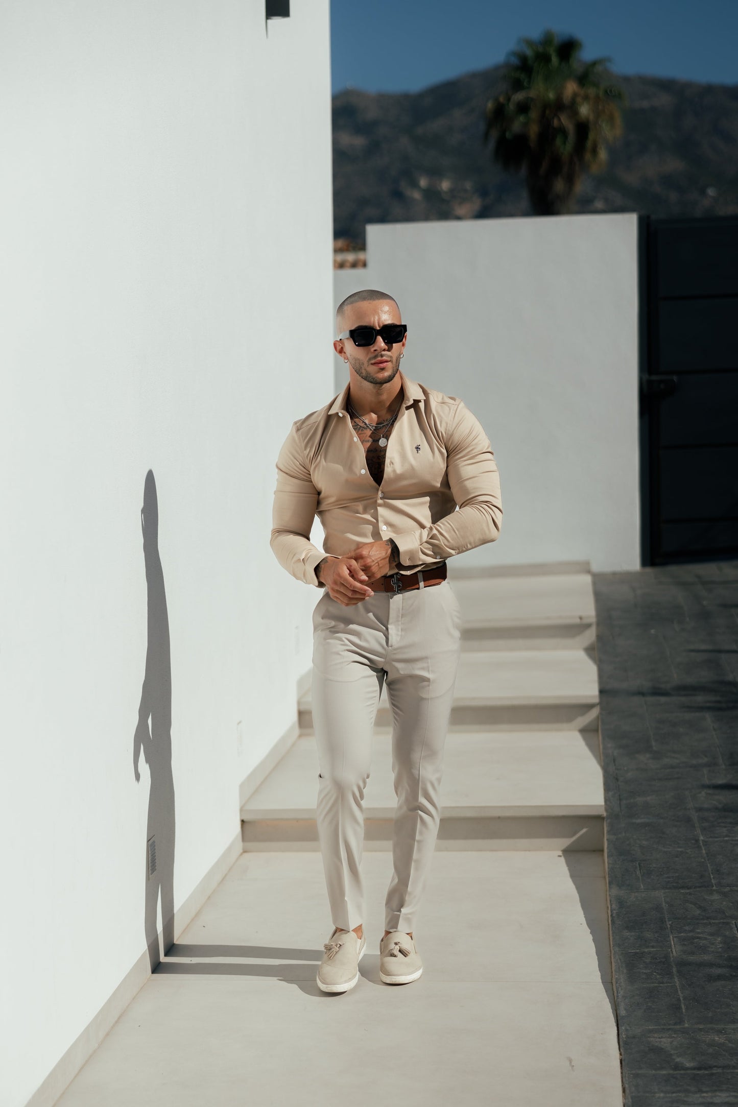 Elevate Your Wardrobe with the Father Sons Super Slim Stretch Vintage Beige Side Panel Long Sleeve Shirt - FS1089