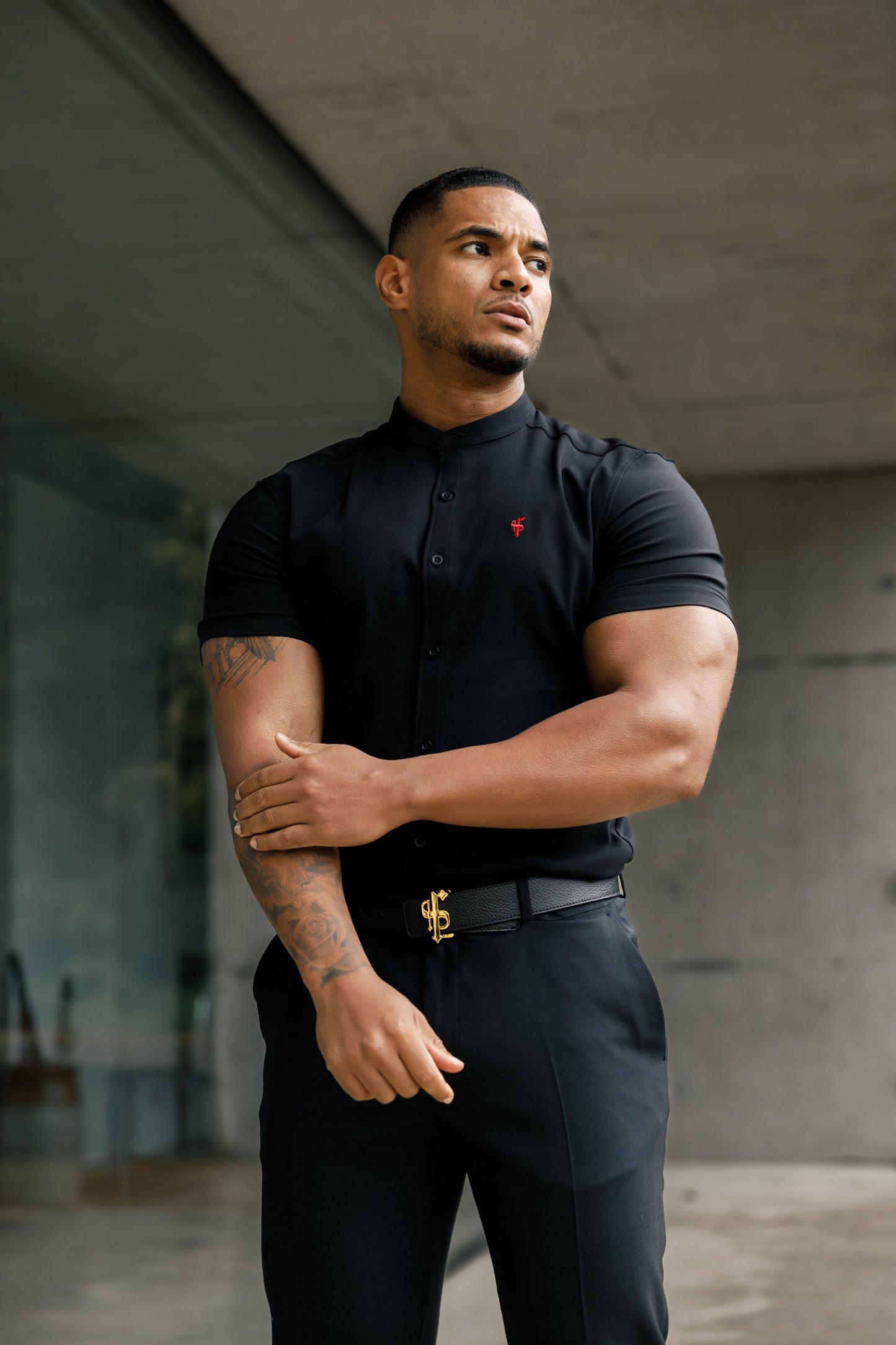 Elevate Your Style with Father Sons Super Slim Fit Black Scuba Short Sleeve Stretch Shirt Featuring a Trendy Grandad Collar - FS930