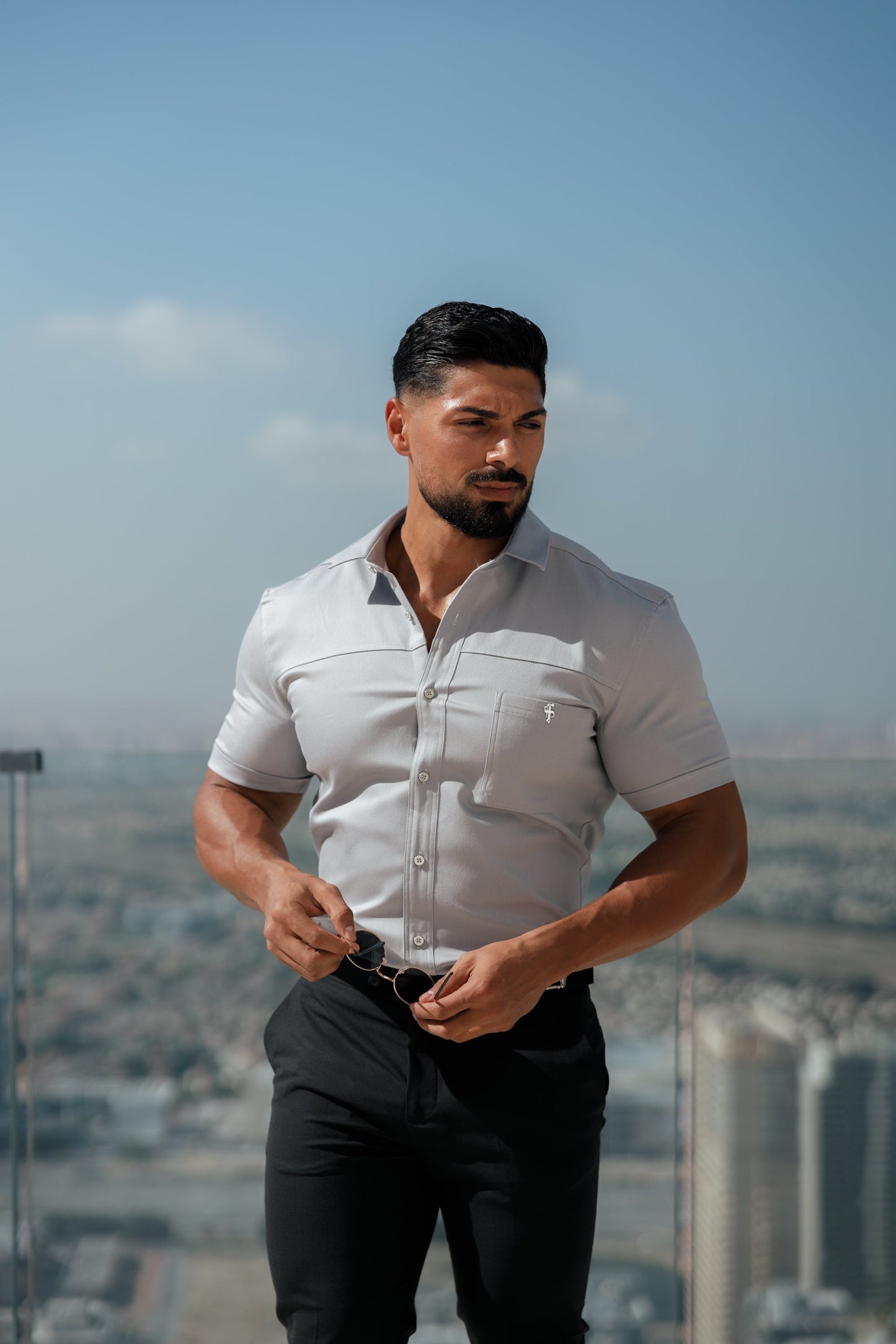 Elevate Your Style with Father Sons Super Slim Stretch Grey Denim Short Sleeve Shirt Featuring Horizontal Seam and Pocket - FS960