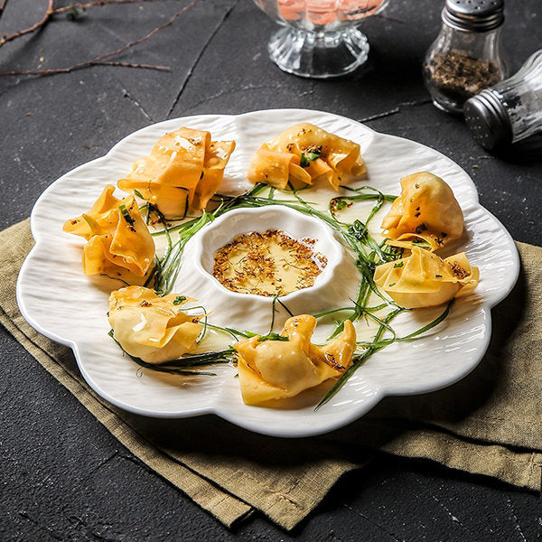 Floral Divided Serving Plate - Ideal for Dumplings and Sushi - Elegant White Ceramic