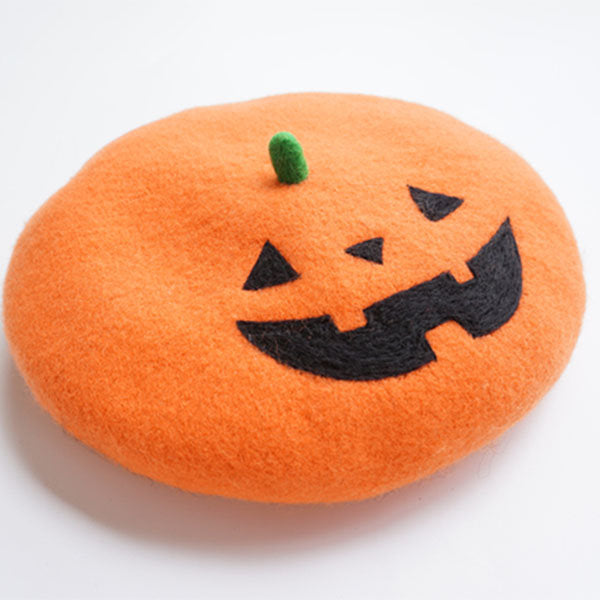 Halloween Pumpkin Wool Beret – Orange – Jack-o'-Lantern Design – Fun Halloween Accessory