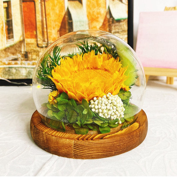 Sunflower Glass Dome Decoration - Wooden Base - Vibrant Home Decor