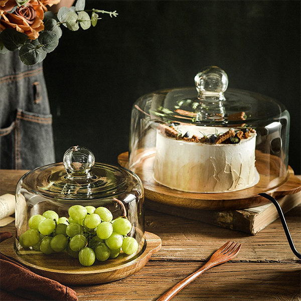 Double-Handled Cake Tray - Glass Cover - Wooden Base - Elevate Your Dessert Display