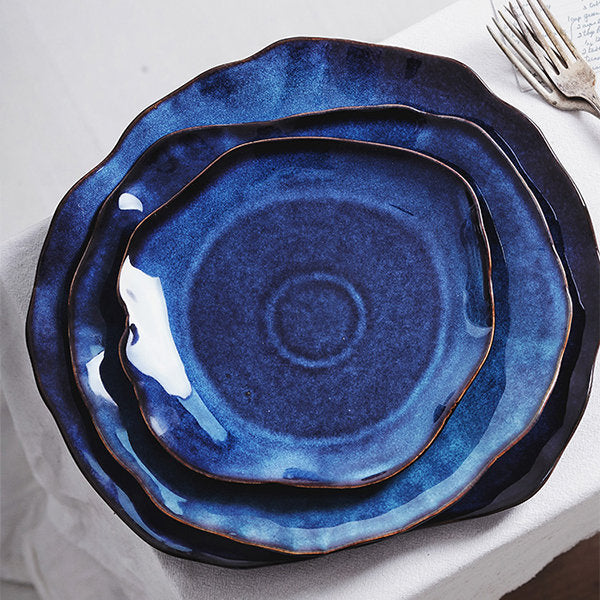 Irregular Ceramic Plate - Elegant Blue Glaze - Unique Shape - Serve In Style