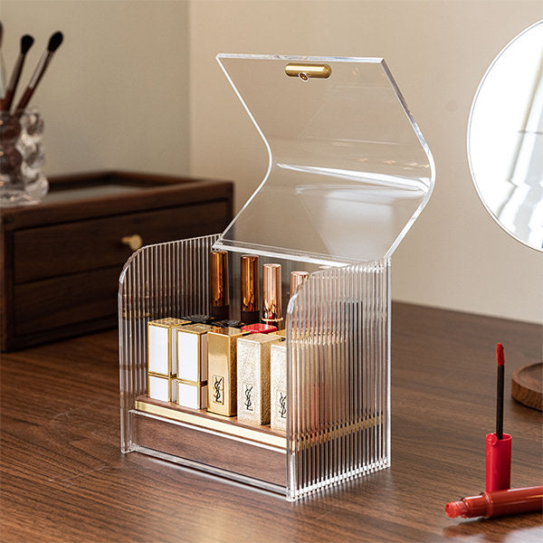 Flip-Top Lipstick Organizer - Wooden Base - Acrylic - Modern Storage Box