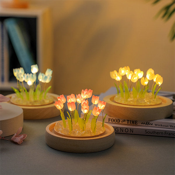 Tulip Night Light - Glass Dome - Wood Base - Pink - Yellow - Elegant Home Decor