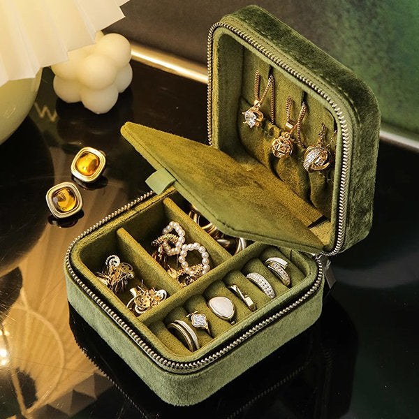 Elegant Portable Jewelry Organizer - With Mirror - Green - Khaki - Storage Case