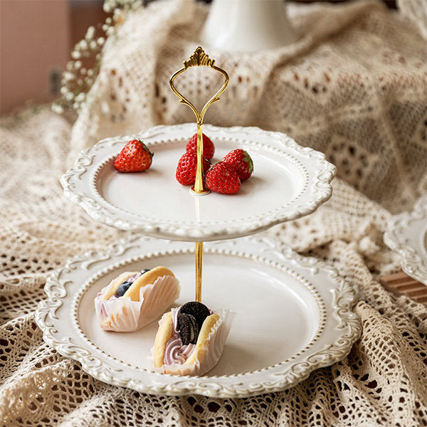 Elegant Two-Tier Ceramic Dessert Stand - Wedding and Gathering - Lace Detailing