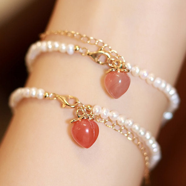 Elegant Peach Pearl Bracelet - Agate Charm - Pink