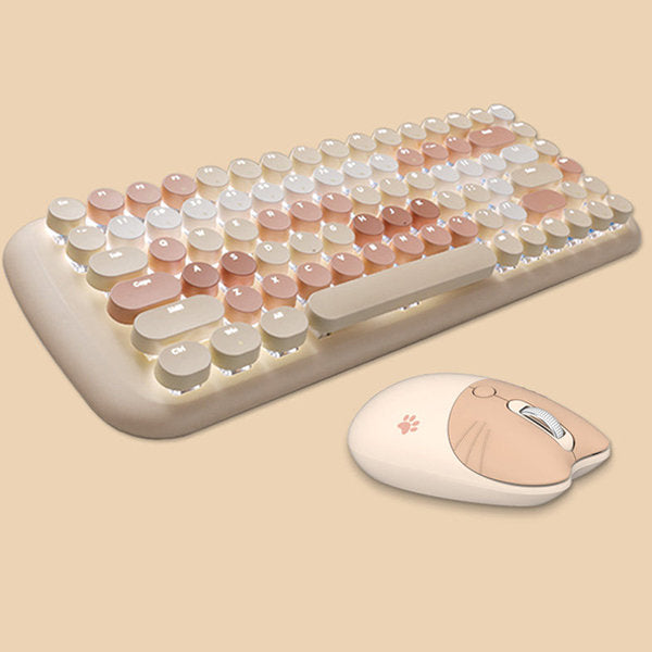 Creamy Wireless Keyboard and Mouse Set - Cute Cat Motif - 84 Keys - Smart Office Tool
