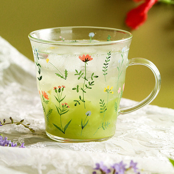 Fresh Floral Glass Mug - Delicate Floral Design - Comfortable Handle
