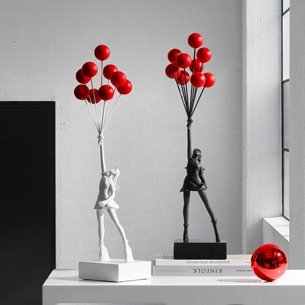 Balloon Girl Sculpture Decor - Unique Art Piece - Resin - Elegant White and Black