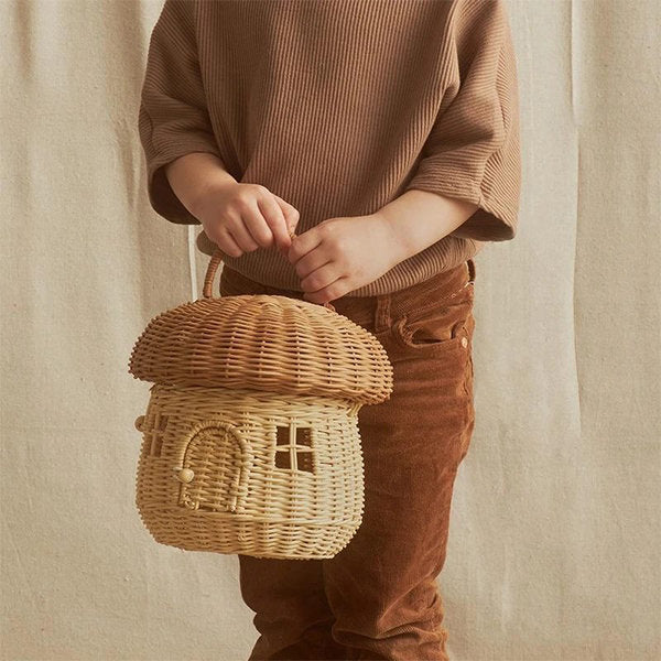 Whimsical Mushroom Woven Basket - Handcrafted - Versatile Storage - Rattan