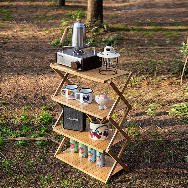 Foldable Four-Tier Bamboo Storage Rack - Outdoor Camping - Versatile Organizer