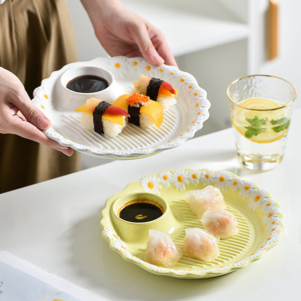 Daisy Ceramic Dumpling Plate - Charming White and Yellow - Elegant Serving