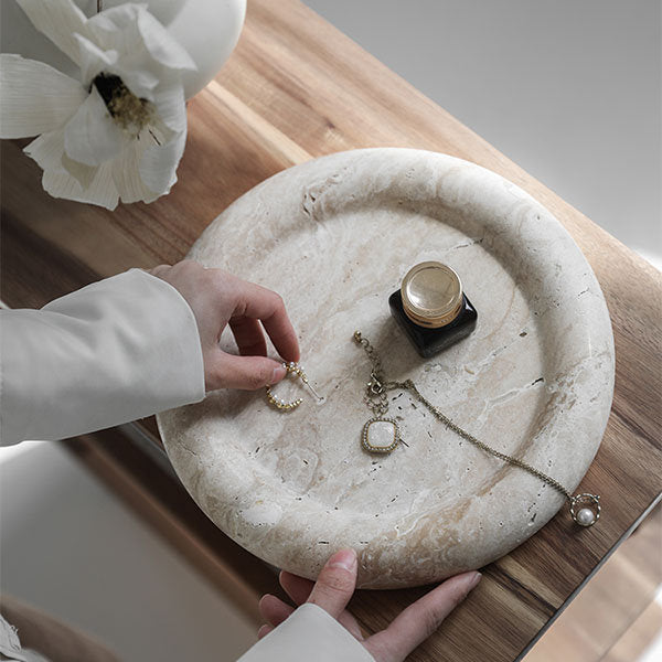 Round Decorative Storage Tray - Wabi-sabi - Elegant Decor - Unique Travertine Texture