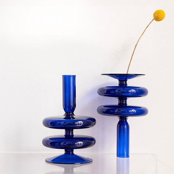 Blue Artistic Glass Candle Holder - Versatile as Vases - Modern Home Decor Accent