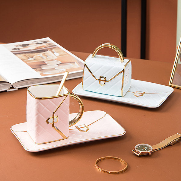 Chic Handbag Cup and Saucer Set - Perfect for Gifting - Pink - Blue