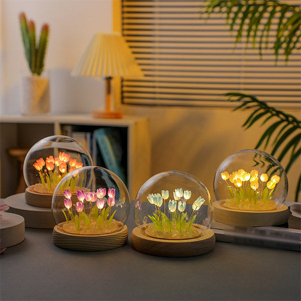 Tulip Night Light - Glass Dome - Wood Base - Pink - Yellow - Elegant Home Decor