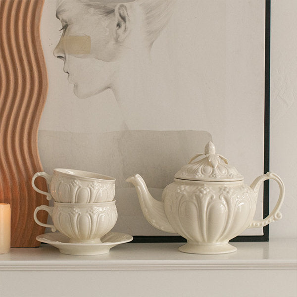 Elegant Vintage Tea Set - Ceramic - Timeless Elegance - Embossed Floral