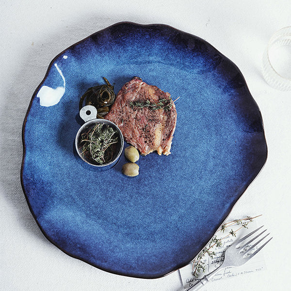Irregular Ceramic Plate - Elegant Blue Glaze - Unique Shape - Serve In Style