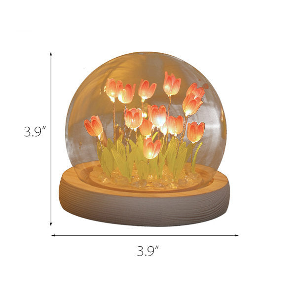 Tulip Night Light - Glass Dome - Wood Base - Pink - Yellow - Elegant Home Decor