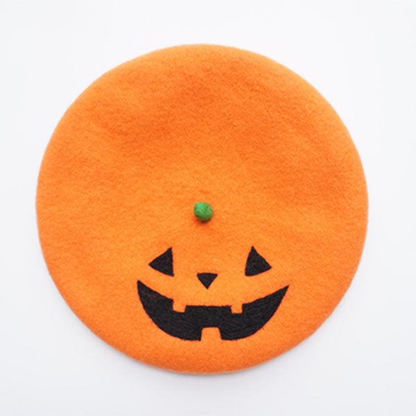 Halloween Pumpkin Wool Beret – Orange – Jack-o'-Lantern Design – Fun Halloween Accessory